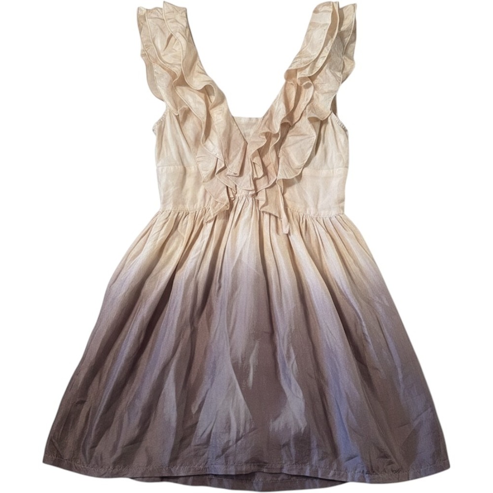 Lipsy London Dip Dye Frill Dress 14‎ Brown Beige Ombre Ruffle V-Neck Fairycore